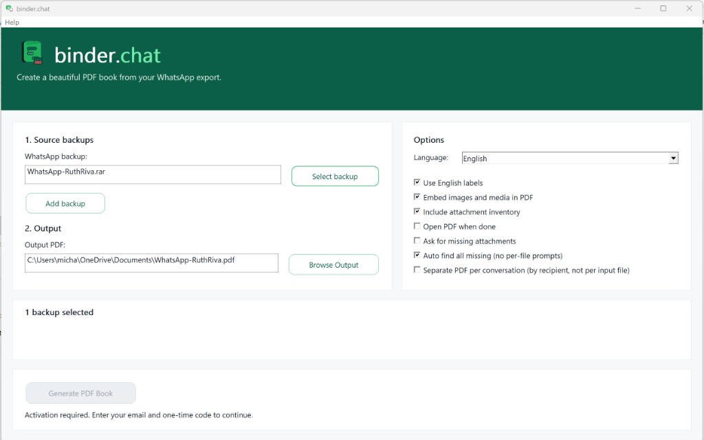 Binder.chat on Windows — select a WhatsApp backup and generate a PDF book