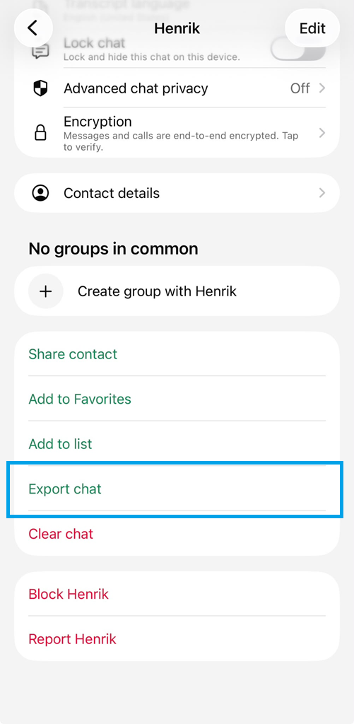 WhatsApp conversation information screen with Export chat highlighted