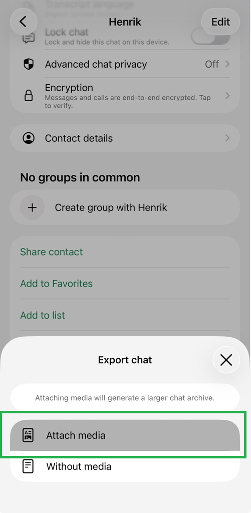 WhatsApp Export chat panel with Attach media highlighted