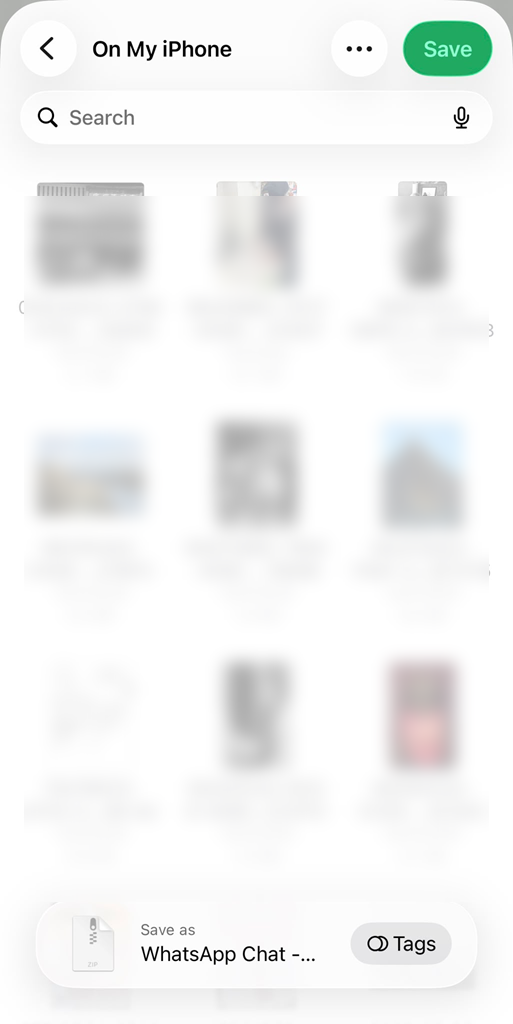 iPhone save screen for the exported WhatsApp ZIP archive