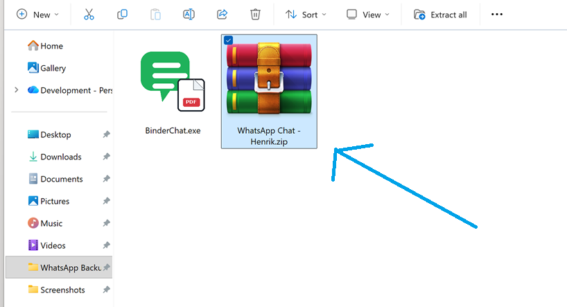 Windows File Explorer showing BinderChat and a WhatsApp ZIP archive