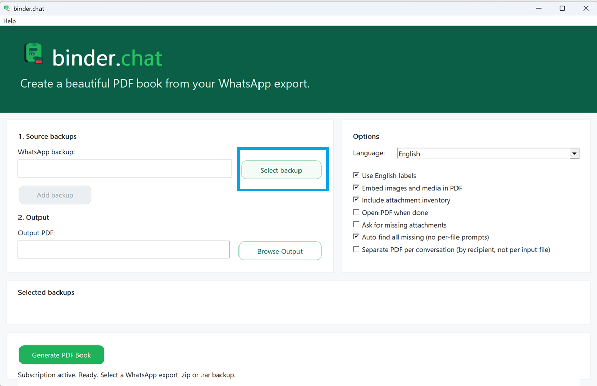 BinderChat window with the Select backup button highlighted