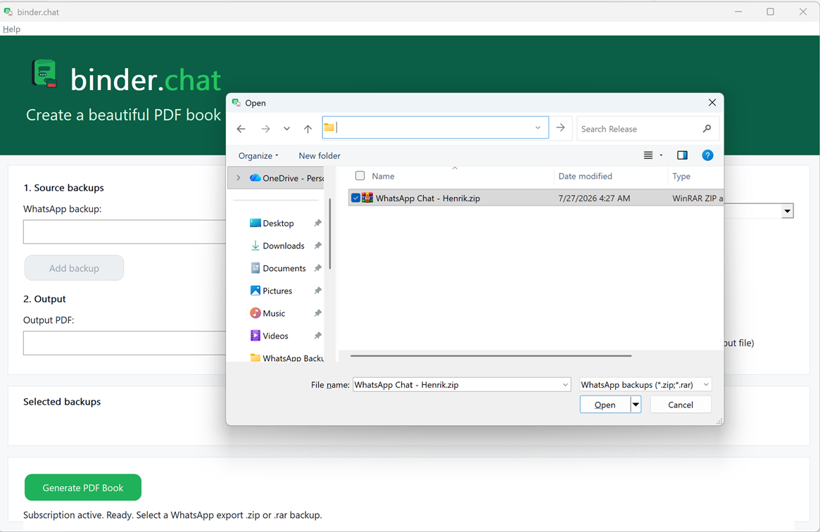 Windows Open dialog with a WhatsApp backup ZIP selected