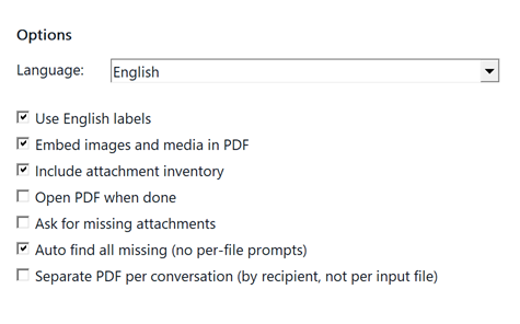 BinderChat language and PDF option controls