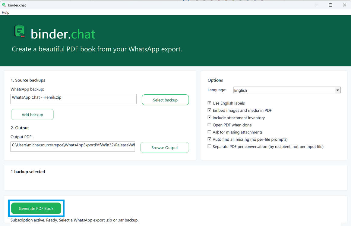 BinderChat window with Generate PDF Book highlighted