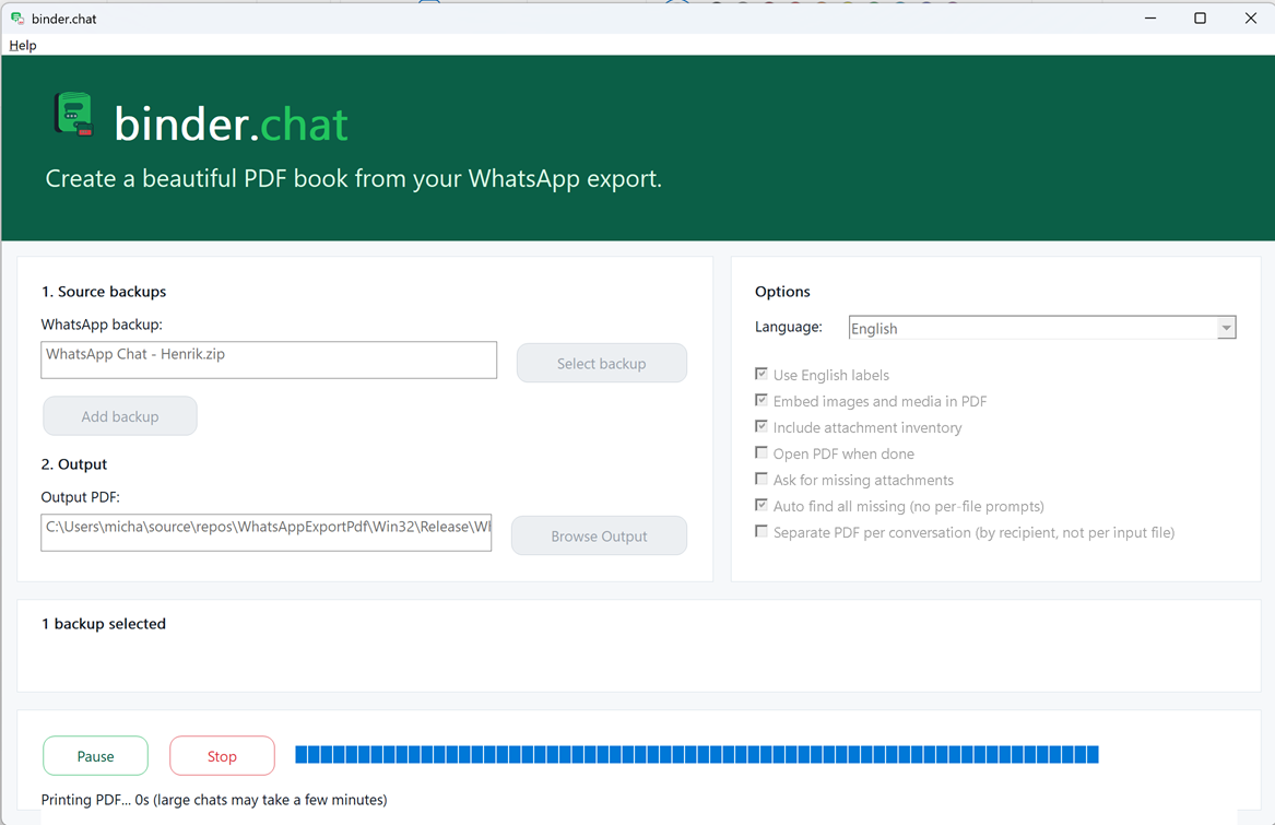 BinderChat processing screen with progress bar, Pause, and Stop
