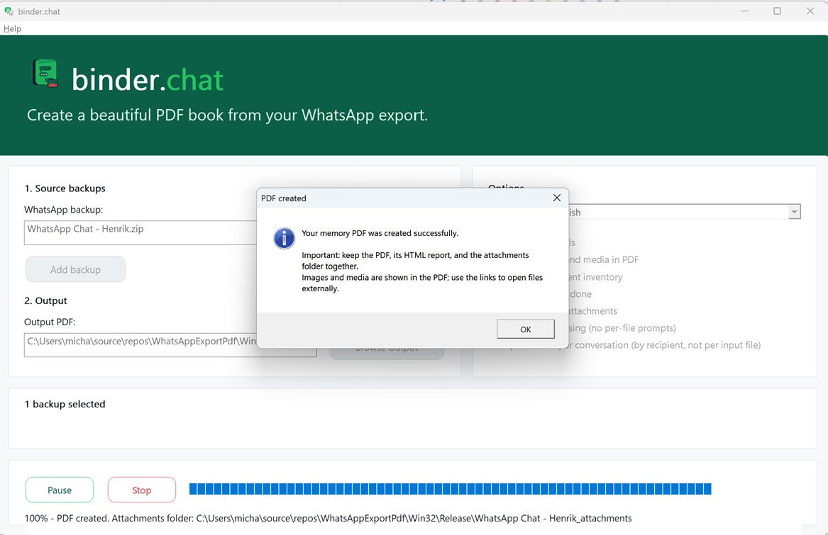 BinderChat PDF created confirmation dialog
