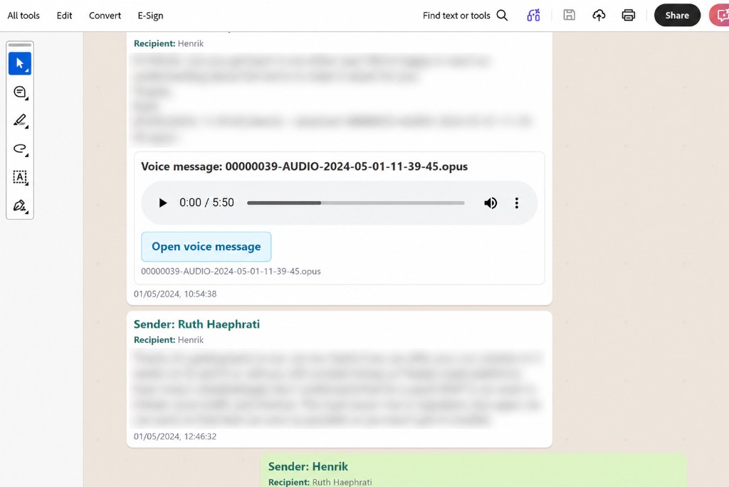 Finished BinderChat PDF showing preserved messages and a linked voice message